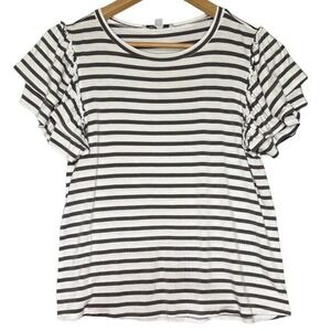 Green Envelope Womens XSmall Tunic Top Gray White Striped Ruffle Sleeve USA Made